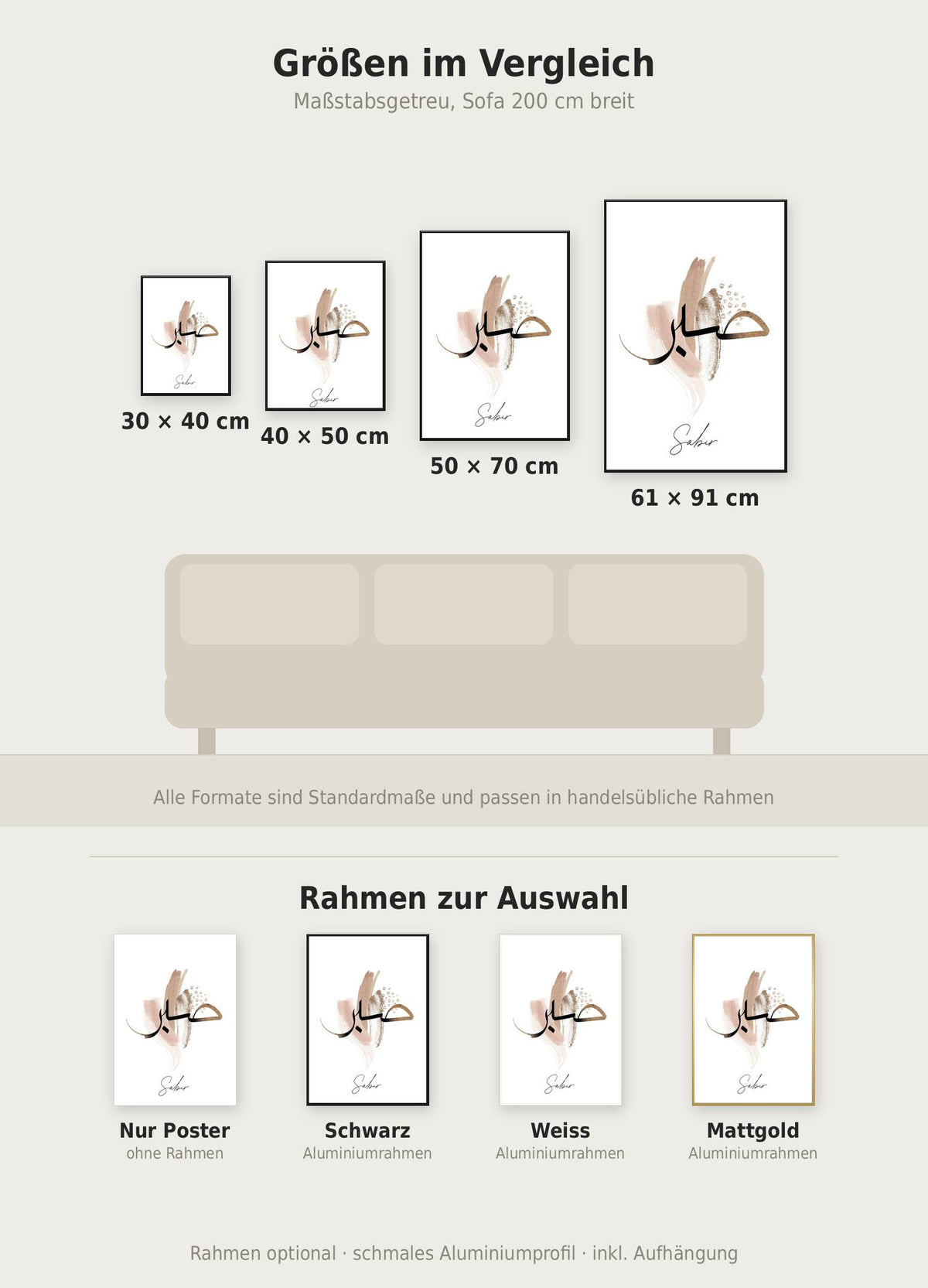 Sabir Poster im Größenvergleich von 30x40 bis 61x91 cm über einem Sofa, dazu die Rahmenfarben