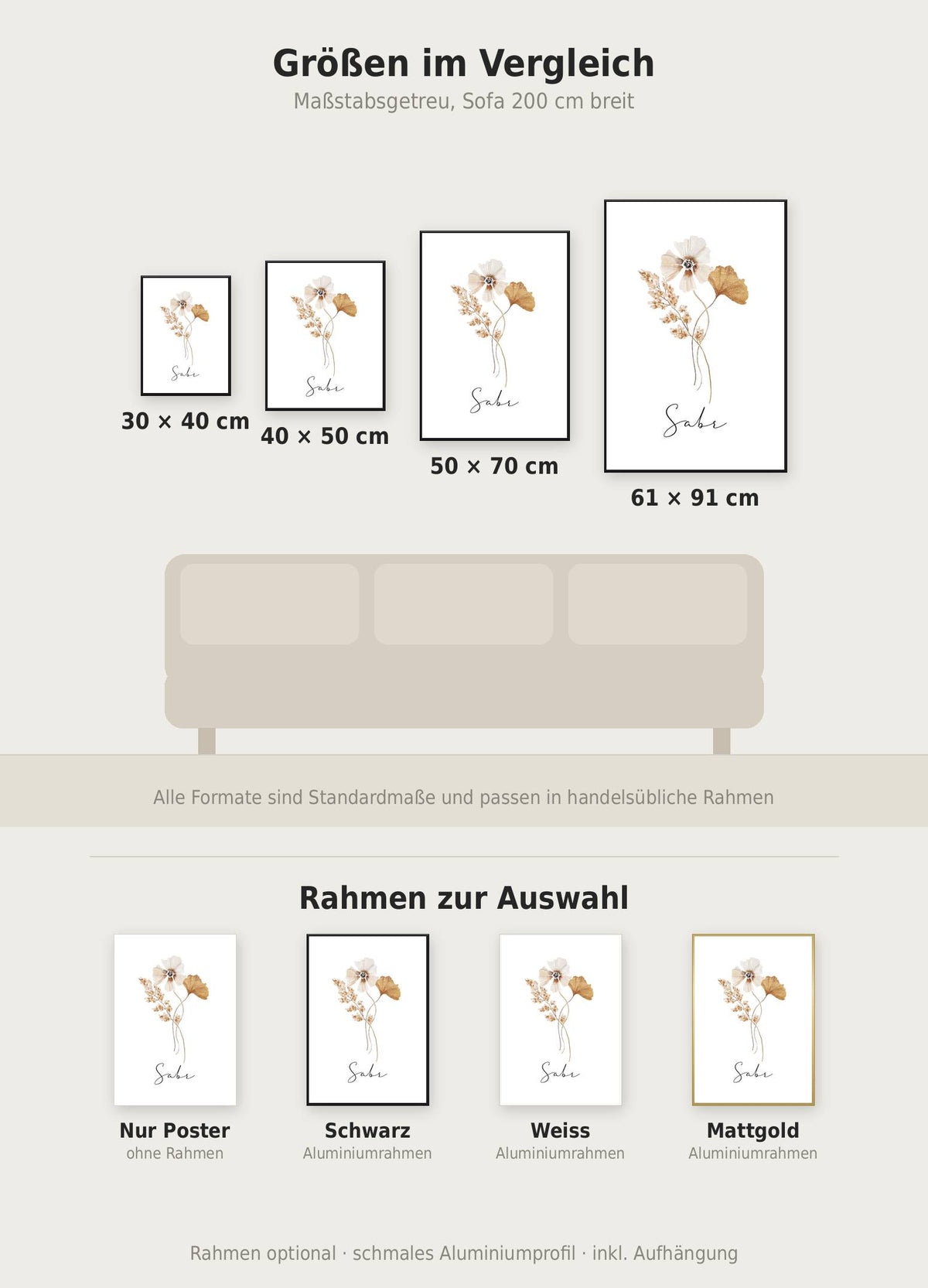 Sabr Flower Poster im Größenvergleich von 30x40 bis 61x91 cm über einem Sofa, dazu die Rahmenfarben