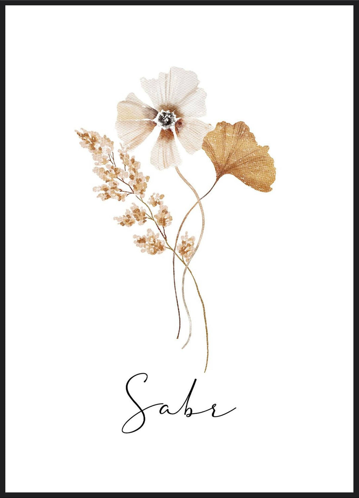 Sabr Flower Poster – Aquarellblumen in Beige und Gold mit Schriftzug Sabr
