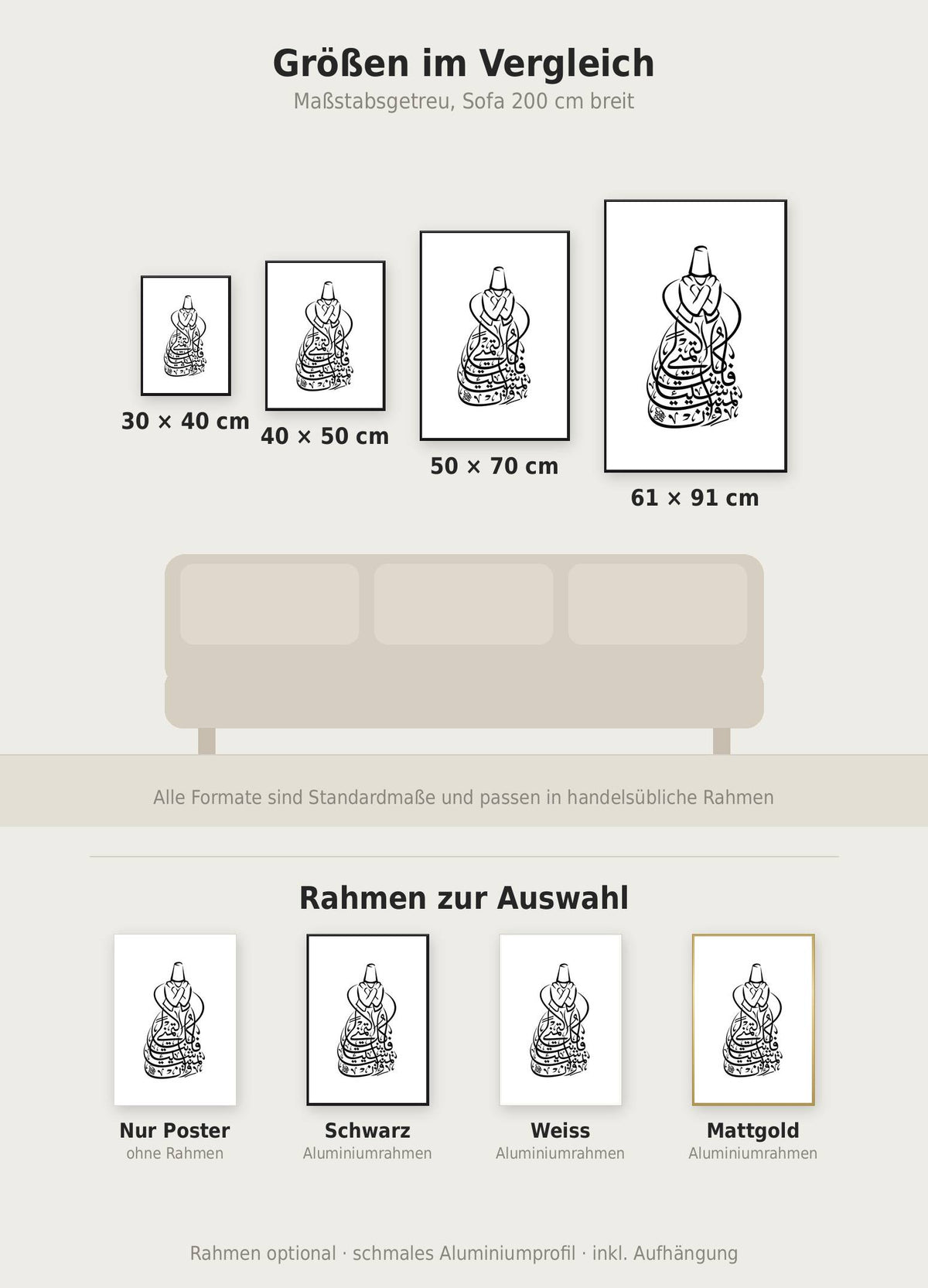 Semazen Poster im Größenvergleich von 30x40 bis 61x91 cm über einem Sofa, dazu die Rahmenfarben