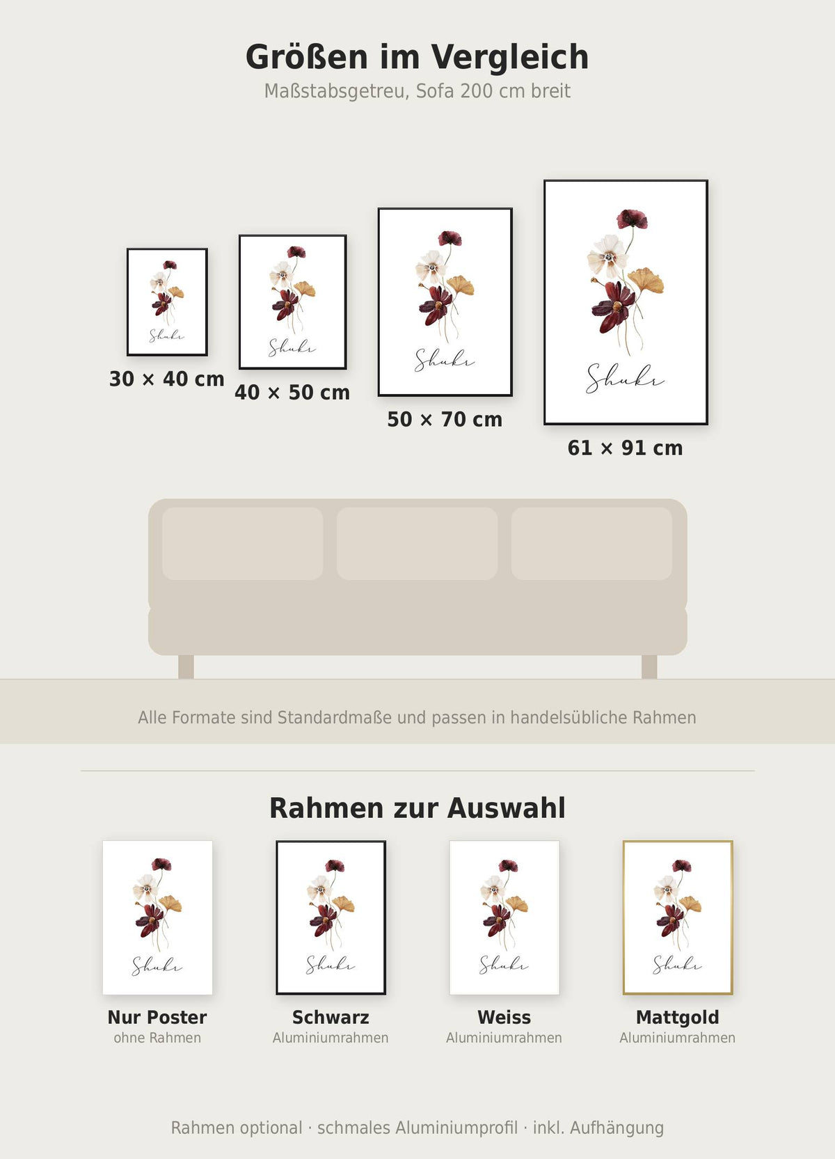 Shukr Flower Poster im Größenvergleich von 30x40 bis 61x91 cm über einem Sofa, dazu die Rahmenfarben