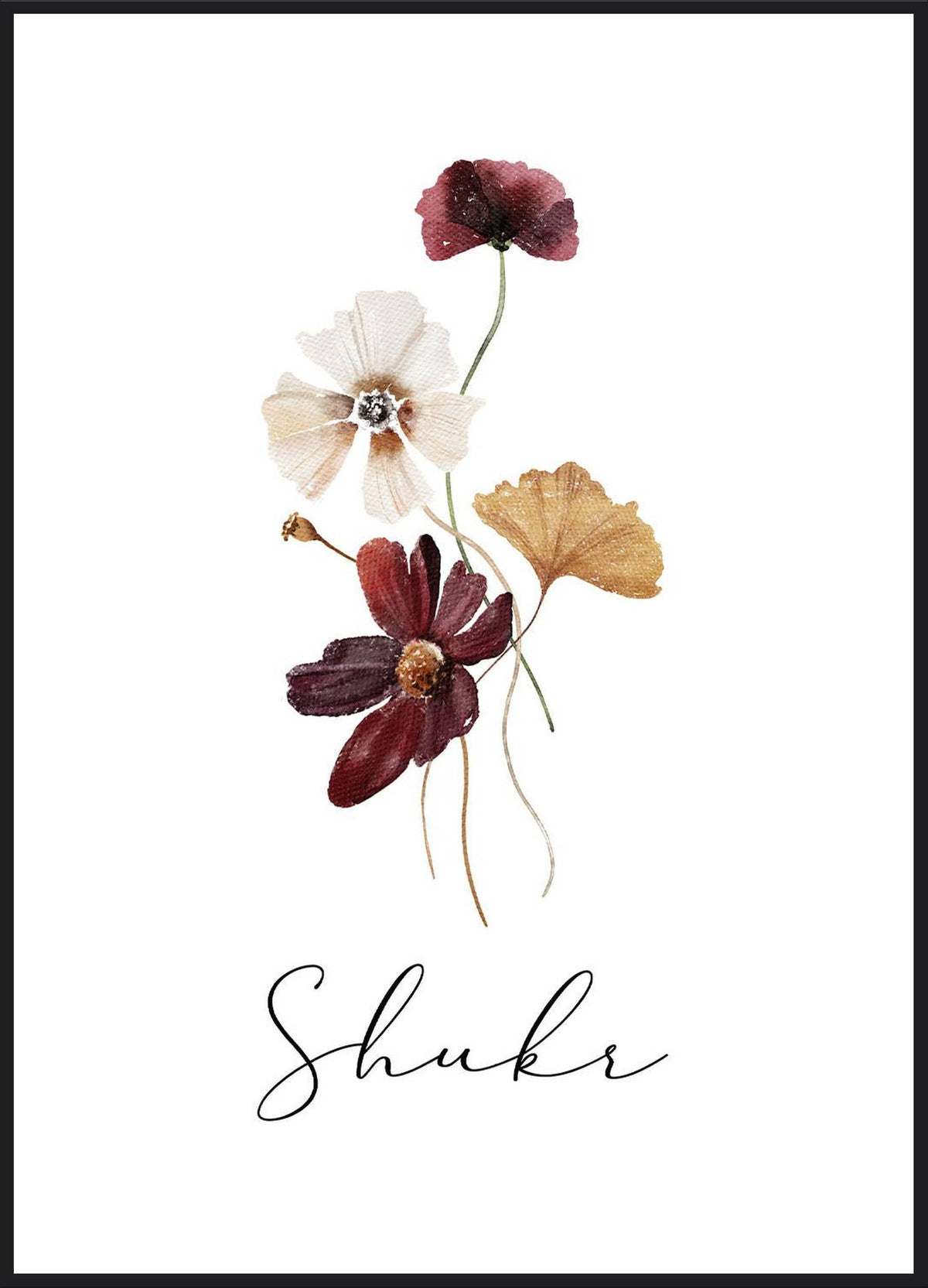 Shukr Flower Poster – Aquarellblumen in Bordeaux und Gold mit Schriftzug Shukr