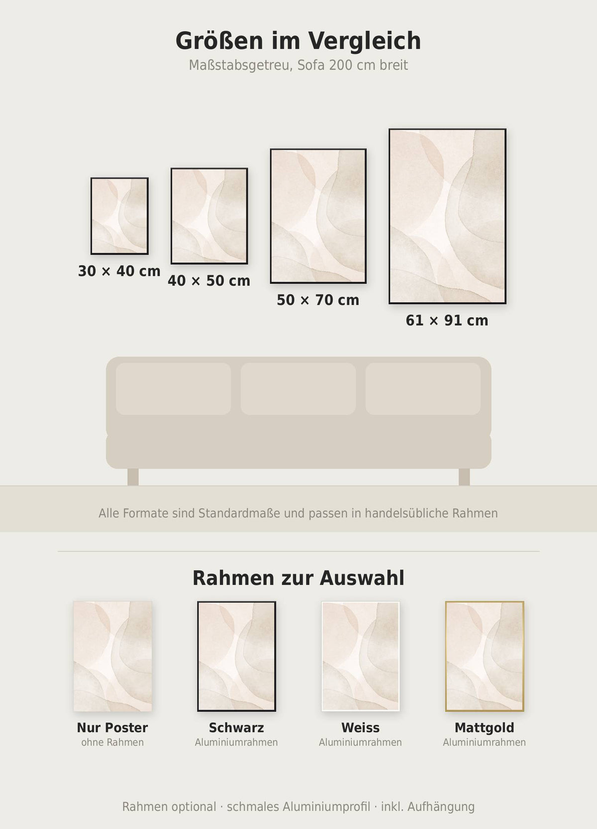 Soft Grey Poster im Größenvergleich von 30x40 bis 61x91 cm über einem Sofa, dazu die Rahmenfarben