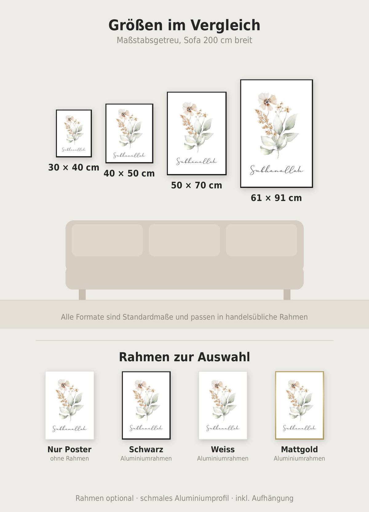 Subhanallah Poster im Größenvergleich von 30x40 bis 61x91 cm über einem Sofa, dazu die Rahmenfarben