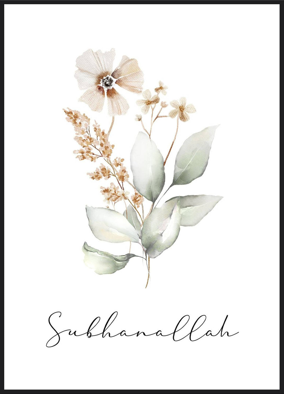 Subhanallah Poster – Aquarellblumen mit Eukalyptusblättern und Schriftzug Subhanallah