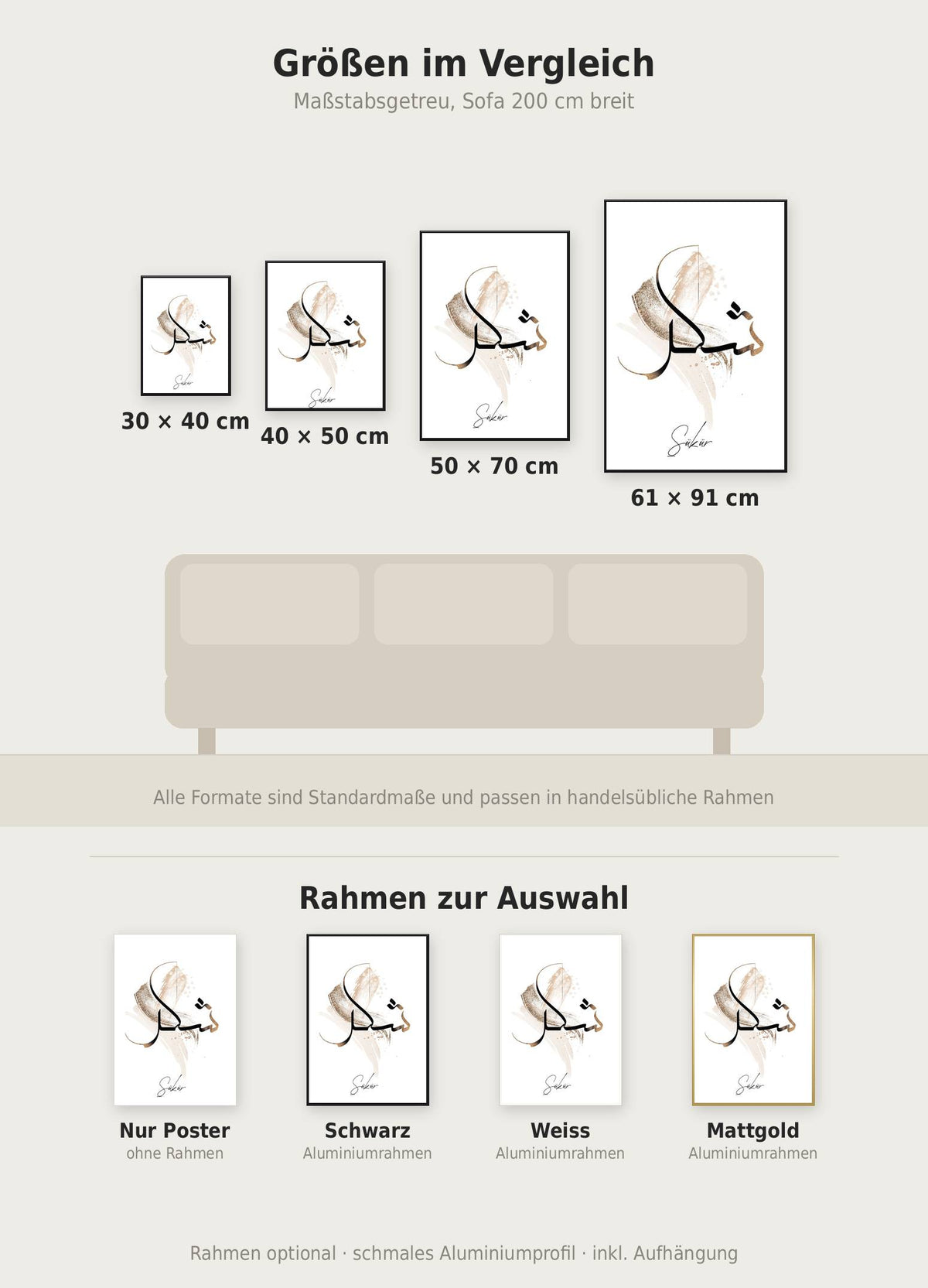 Sükür Poster im Größenvergleich von 30x40 bis 61x91 cm über einem Sofa, dazu die Rahmenfarben