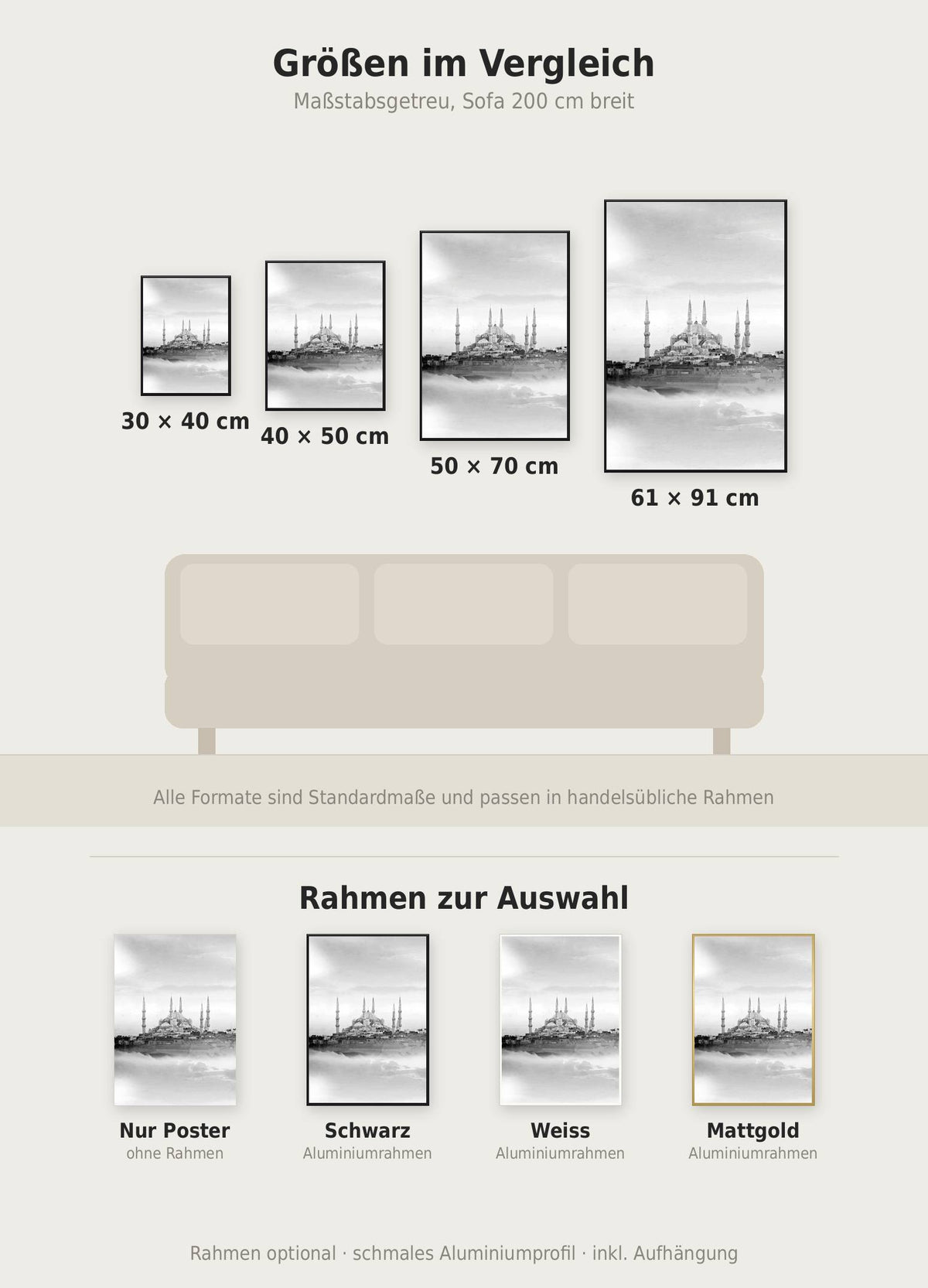 Sultan Ahmet Moschee Poster im Größenvergleich von 30x40 bis 61x91 cm über einem Sofa, dazu die Rahmenfarben