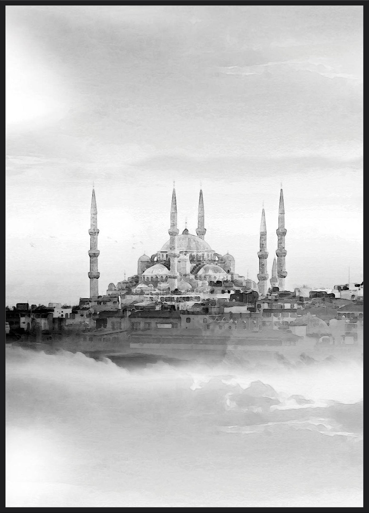 Sultan Ahmet Moschee Poster – Blaue Moschee im Nebel in Schwarz-Weiß, Istanbul Fotografie