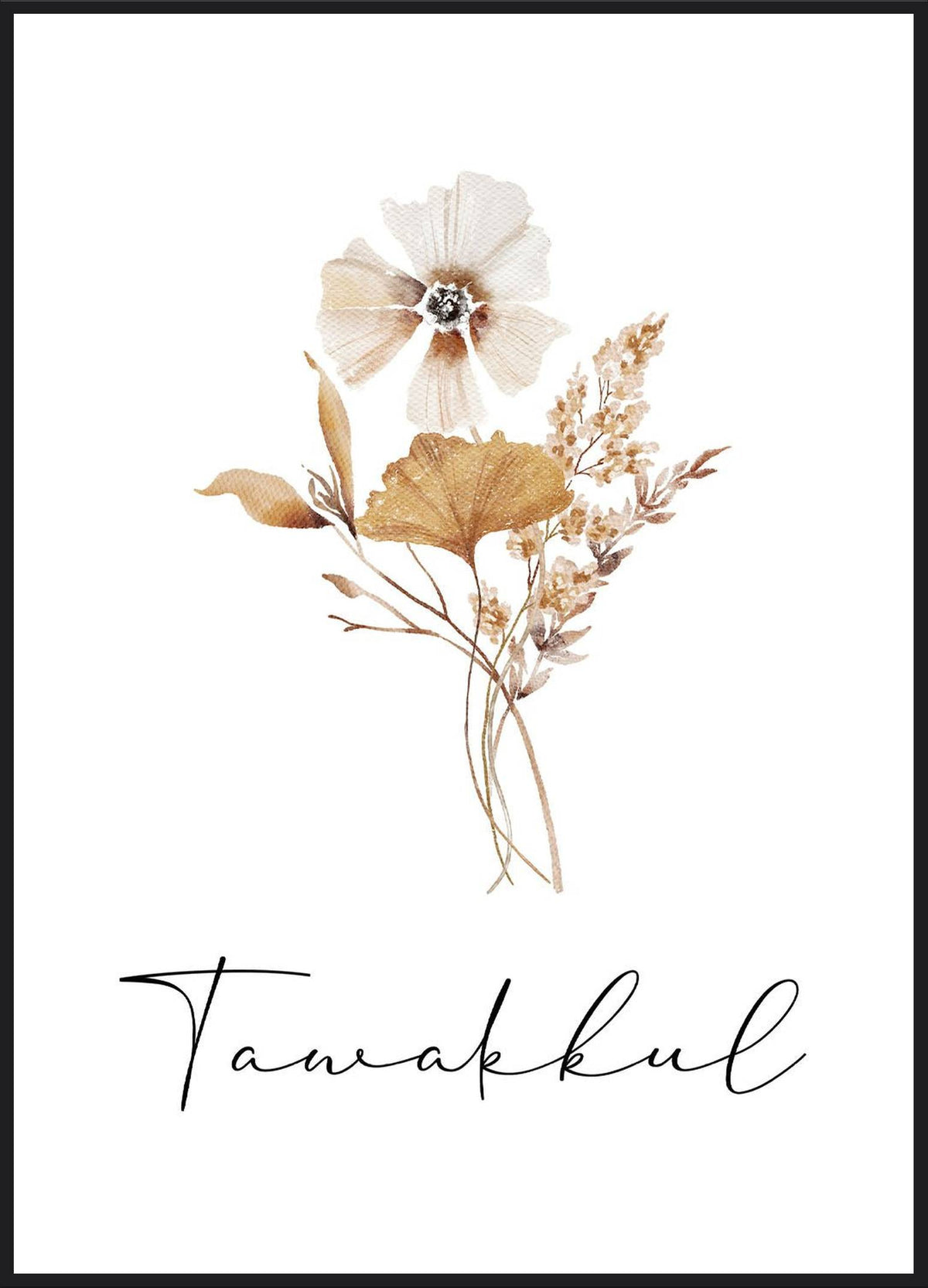 Tawakkul Flower Poster – Aquarellblumen in Gold und Ocker mit Schriftzug Tawakkul