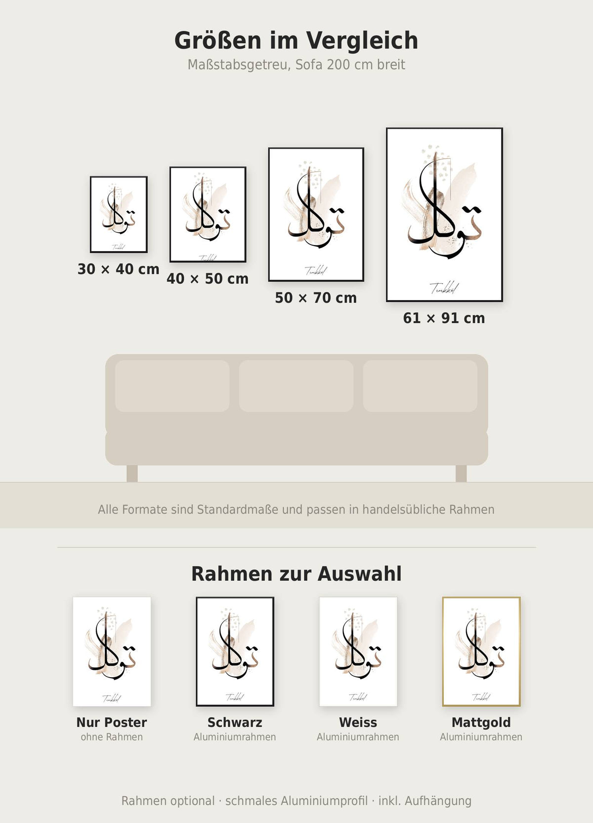 Tevekkül Poster im Größenvergleich von 30x40 bis 61x91 cm über einem Sofa, dazu die Rahmenfarben