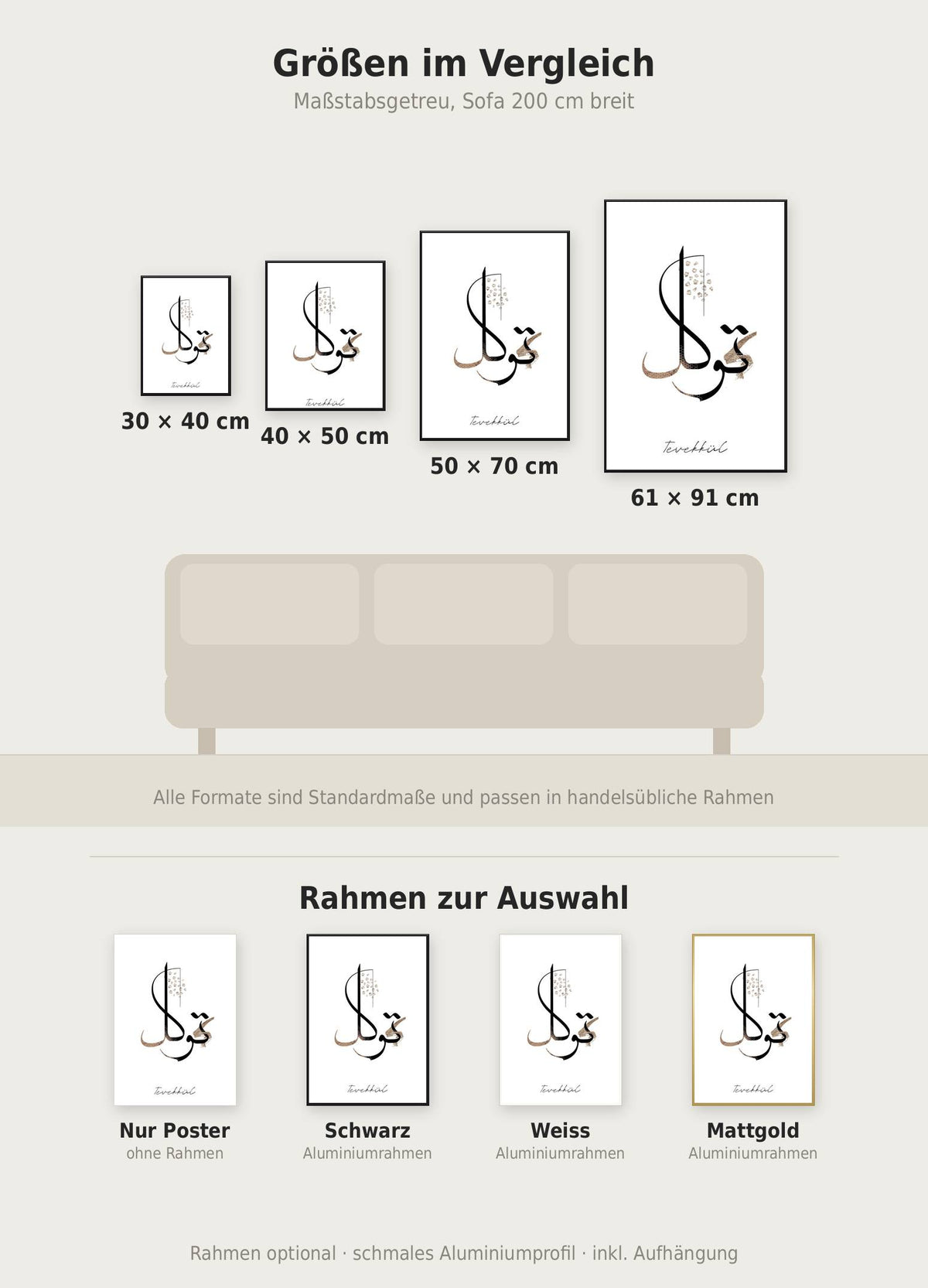 Tevekkül Line Poster im Größenvergleich von 30x40 bis 61x91 cm über einem Sofa, dazu die Rahmenfarben