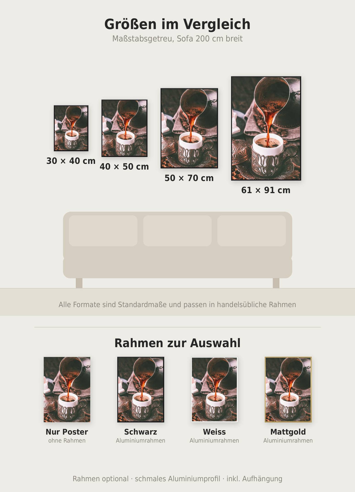 Turkish Mokka Poster im Größenvergleich von 30x40 bis 61x91 cm über einem Sofa, dazu die Rahmenfarben